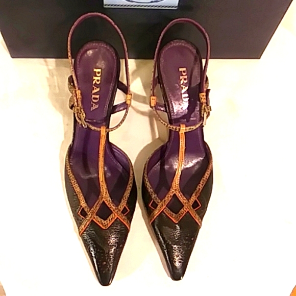 🔥 NWT Prada Black/Snake Skin Leather Kitten Heels - Picture 9 of 11